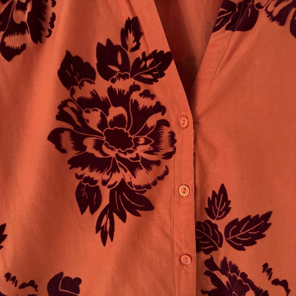 Sundance Velvet Vignette Long Sleeve Button Shirt, Orange w/Burgundy Floral, S - Picture 7 of 13